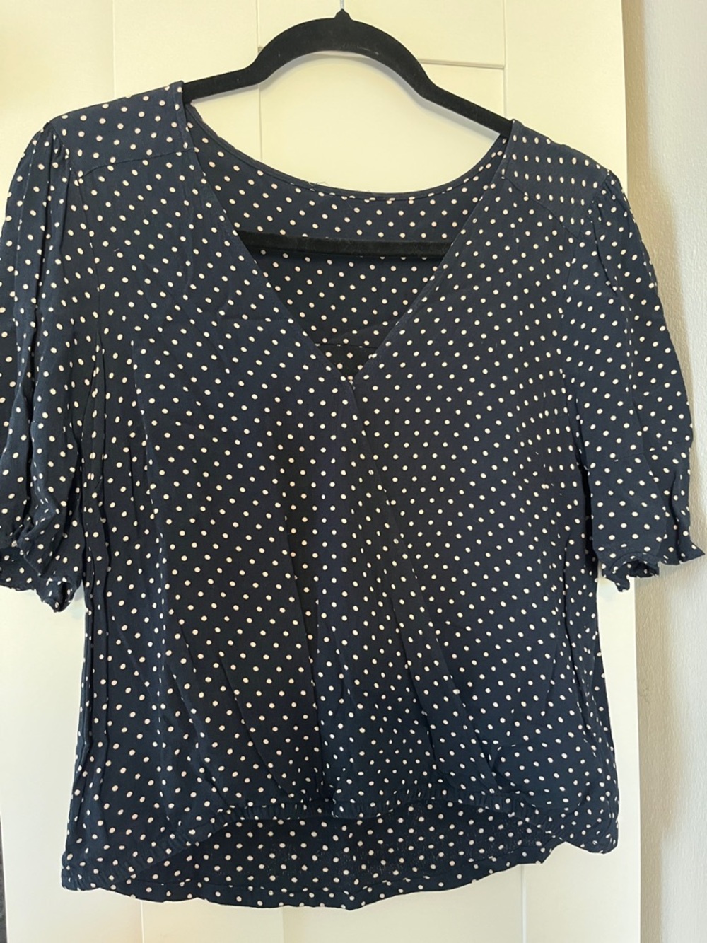Navy Polka Dot V-Neck Blouse with Short Puff Sleeves